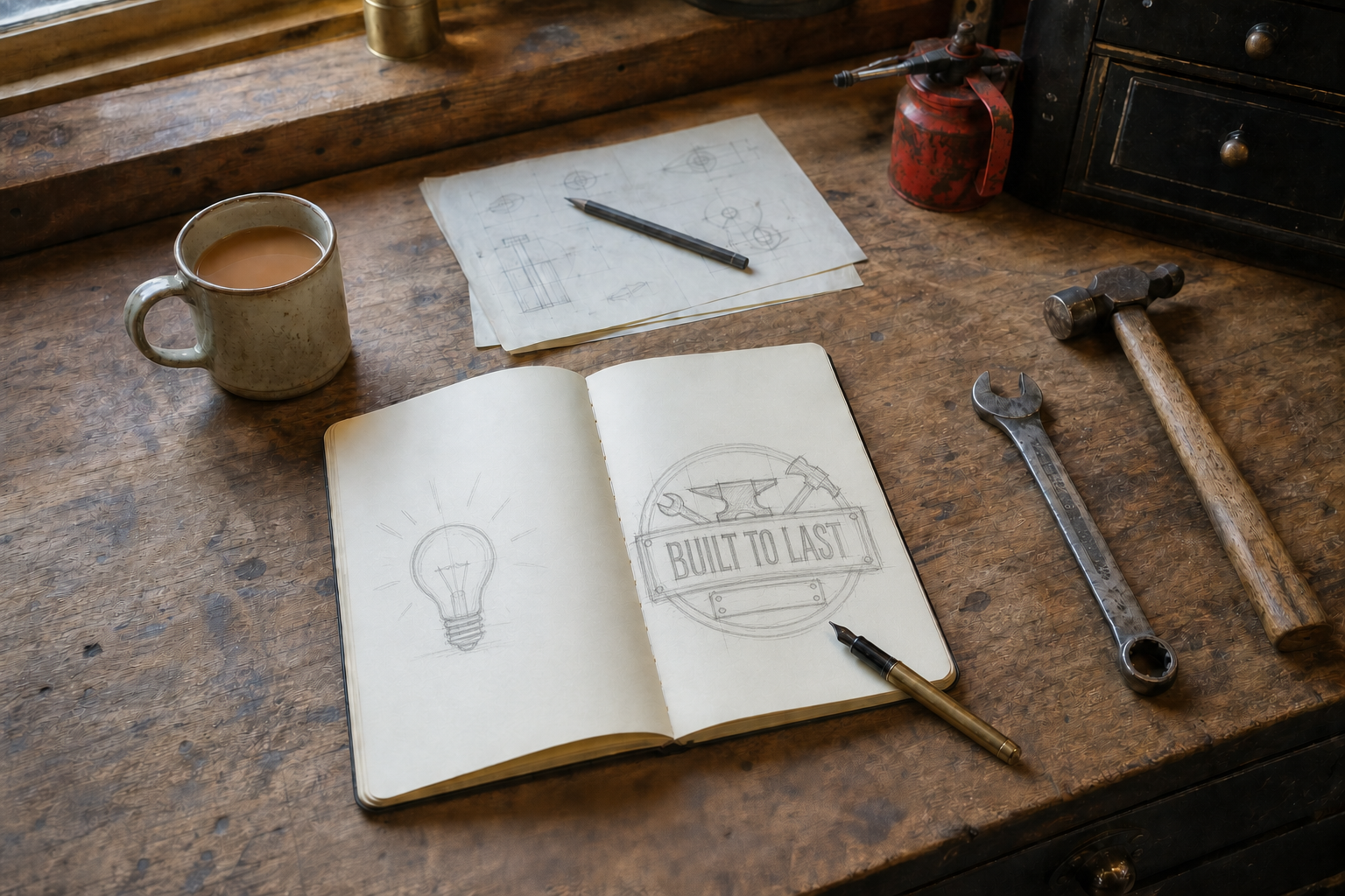 Open notebook on a worn workshop bench with pencil sketches of a lightbulb and the Built to Last badge, beside tea and hand tools