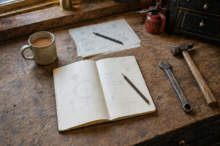 Open notebook with an early pencil sketch, tea and hand tools on a worn workshop bench.