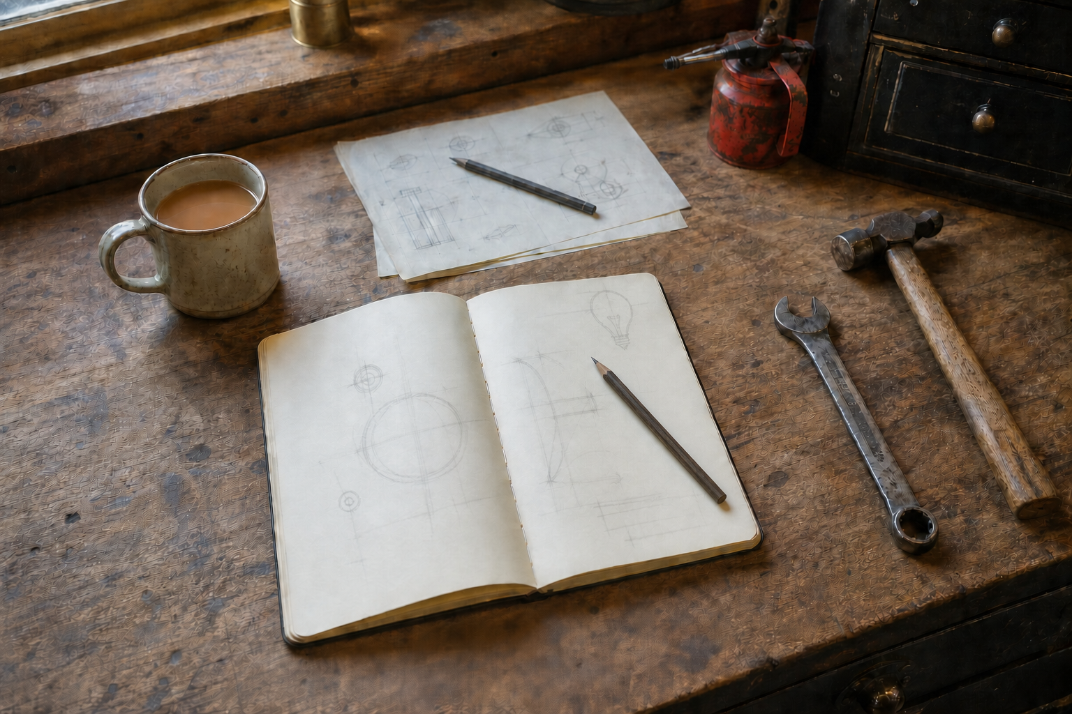 Open notebook with an early pencil sketch, tea and hand tools on a worn workshop bench.
